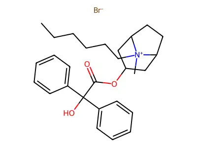 1-alpha-H,5-alpha-H-Tropanium, 8-hexyl-3-hydroxy-, bromide, benzilate structure