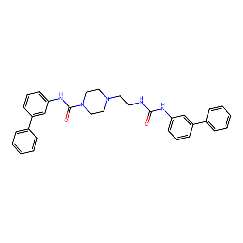 N-(3-phenylphenyl)-4-[2-[(3-phenylphenyl)carbamoylamino]ethyl]piperazine-1-carboxamide structure