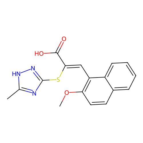 (Z)-3-(2-methoxynaphthalen-1-yl)-2-((5-methyl-4H-1,2,4-triazol-3-yl)thio)acrylic acid structure