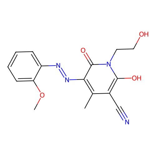 (5E)-1-(2-hydroxyethyl)-5-[(2-methoxyphenyl)hydrazinylidene]-4-methyl-2,6-dioxopyridine-3-carbonitrile structure