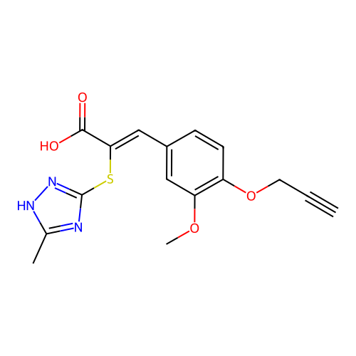 (2Z)-3-[3-methoxy-4-(prop-2-yn-1-yloxy)phenyl]-2-[(3-methyl-1H-1,2,4-triazol-4-ium-5-yl)sulfanyl]prop-2-enoate structure