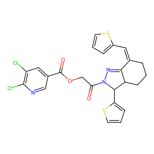 [2-Oxo-2-[(7Z)-3-thiophen-2-yl-7-(thiophen-2-ylmethylidene)-3a,4,5,6-tetrahydro-3H-indazol-2-yl]ethyl] 5,6-dichloropyridine-3-carboxylate structure