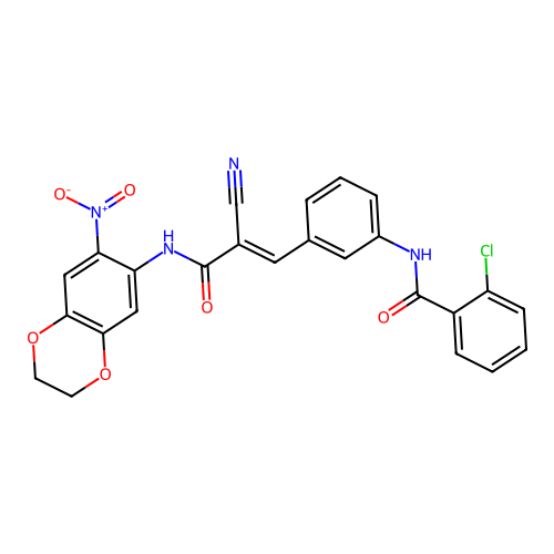 2-chloro-N-[3-[(E)-2-cyano-3-[(6-nitro-2,3-dihydro-1,4-benzodioxin-7-yl)amino]-3-oxoprop-1-enyl]phenyl]benzamide structure