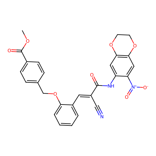 methyl 4-[(2-{2-cyano-2-[(7-nitro-2,3-dihydro-1,4-benzodioxin-6-yl)carbamoyl]eth-1-en-1-yl}phenoxy)methyl]benzoate structure