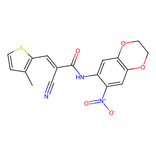(E)-2-cyano-3-(3-methylthiophen-2-yl)-N-(6-nitro-2,3-dihydro-1,4-benzodioxin-7-yl)prop-2-enamide structure