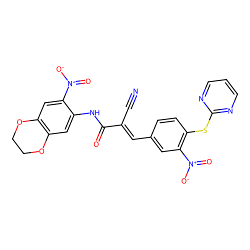 (E)-2-cyano-N-(6-nitro-2,3-dihydro-1,4-benzodioxin-7-yl)-3-(3-nitro-4-pyrimidin-2-ylsulfanylphenyl)prop-2-enamide structure