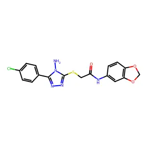 2-((4-amino-5-(4-chlorophenyl)-4H-1,2,4-triazol-3-yl)thio)-N-(benzo[d][1,3]dioxol-5-yl)acetamide structure