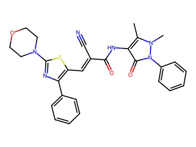 (E)-2-cyano-N-(1,5-dimethyl-3-oxo-2-phenylpyrazol-4-yl)-3-(2-morpholin-4-yl-4-phenyl-1,3-thiazol-5-yl)prop-2-enamide structure