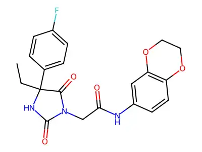 N-(2,3-dihydro-1,4-benzodioxin-6-yl)-2-[4-ethyl-4-(4-fluorophenyl)-2,5-dioxoimidazolidin-1-yl]acetamide structure
