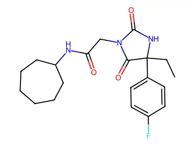 N-cycloheptyl-2-[4-ethyl-4-(4-fluorophenyl)-2,5-dioxoimidazolidin-1-yl]acetamide structure