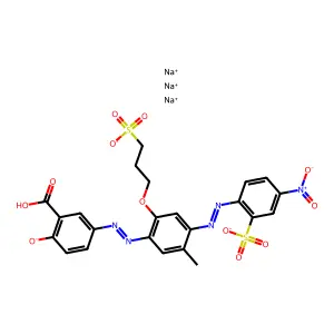 Benzoic acid, 2-hydroxy-5-((5-methyl-4-((4-nitro-2-sulfophenyl)azo)-2-(3-sulfopropoxy)phenyl)azo)-, trisodium salt structure