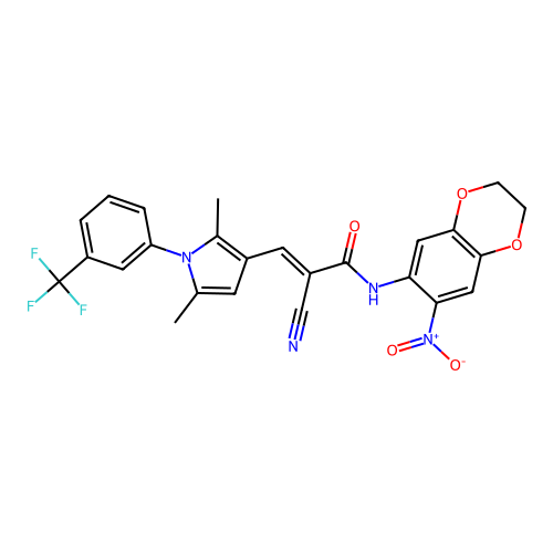 (E)-2-cyano-3-[2,5-dimethyl-1-[3-(trifluoromethyl)phenyl]pyrrol-3-yl]-N-(6-nitro-2,3-dihydro-1,4-benzodioxin-7-yl)prop-2-enamide structure