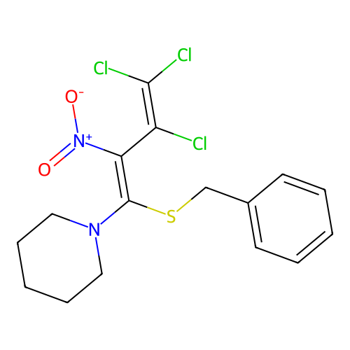 1-[(1E)-1-(benzylsulfanyl)-3,4,4-trichloro-2-nitrobuta-1,3-dien-1-yl]piperidine structure