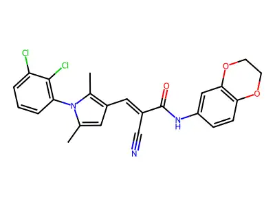 (E)-2-cyano-3-[1-(2,3-dichlorophenyl)-2,5-dimethylpyrrol-3-yl]-N-(2,3-dihydro-1,4-benzodioxin-6-yl)prop-2-enamide structure