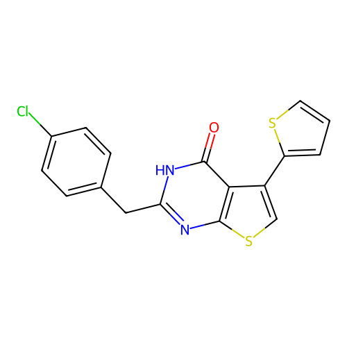 2-[(4-Chlorophenyl)methyl]-5-(2-thienyl)-3-hydrothiopheno[2,3-d]pyrimidin-4-on e structure