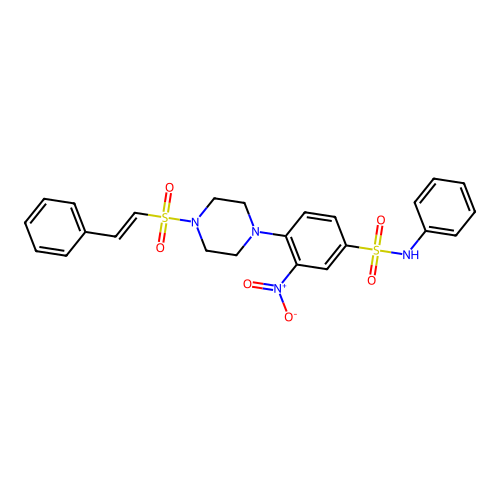 3-nitro-N-phenyl-4-[4-[(E)-2-phenylethenyl]sulfonylpiperazin-1-yl]benzenesulfonamide structure