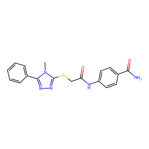 4-({[(4-methyl-5-phenyl-4H-1,2,4-triazol-3-yl)sulfanyl]acetyl}amino)benzamide structure
