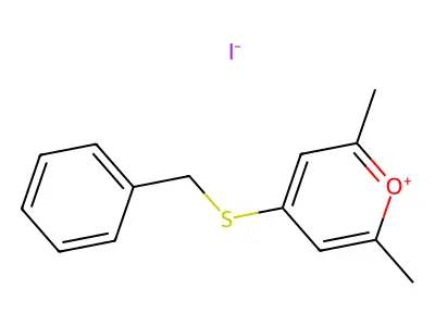 4-(Benzylsulfanyl)-2,6-dimethylpyran-1-ium iodide structure