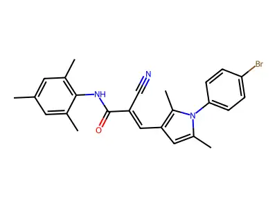 (E)-3-[1-(4-bromophenyl)-2,5-dimethylpyrrol-3-yl]-2-cyano-N-(2,4,6-trimethylphenyl)prop-2-enamide structure