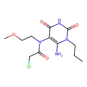 N-(6-amino-2,4-dioxo-1-propyl-1,2,3,4-tetrahydropyrimidin-5-yl)-2-chloro-N-(2-methoxyethyl)acetamide structure