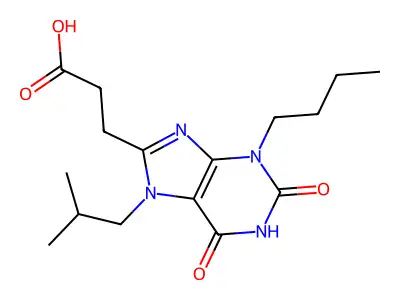 3-[3-butyl-7-(2-methylpropyl)-2,6-dioxo-2,3,6,7-tetrahydro-1H-purin-8-yl]propanoic acid structure