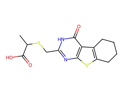 2-[({3-oxo-8-thia-4,6-diazatricyclo[7.4.0.0,2,7]trideca-1(9),2(7),5-trien-5-yl}methyl)sulfanyl]propanoic acid structure