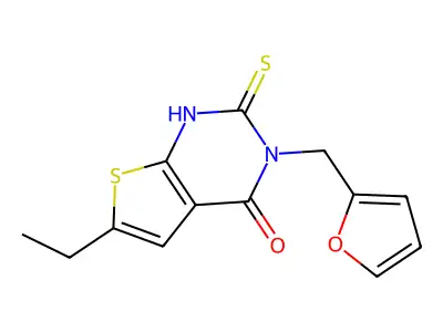 6-ethyl-3-(2-furylmethyl)-2-mercaptothieno[2,3-d]pyrimidin-4(3H)-one structure