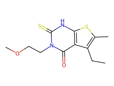 5-ethyl-3-(2-methoxyethyl)-6-methyl-2-sulfanyl-3H,4H-thieno[2,3-d]pyrimidin-4-one structure