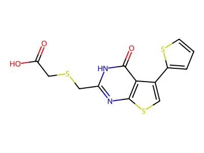 2-({[4-oxo-5-(thiophen-2-yl)-3H,4H-thieno[2,3-d]pyrimidin-2-yl]methyl}sulfanyl)acetic acid structure