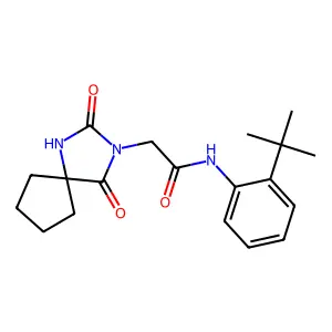 N-(2-tert-butylphenyl)-2-(2,4-dioxo-1,3-diazaspiro[4.4]nonan-3-yl)acetamide structure