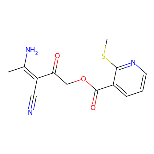 (4-Amino-3-cyano-2-oxopent-3-enyl) 2-methylsulfanylpyridine-3-carboxylate structure