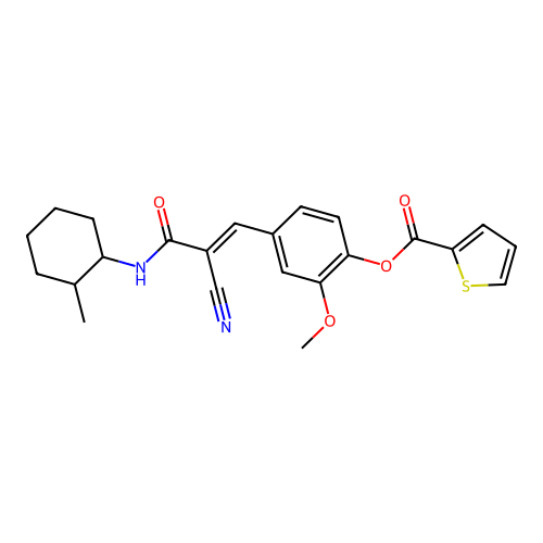 [4-[(E)-2-cyano-3-[(2-methylcyclohexyl)amino]-3-oxoprop-1-enyl]-2-methoxyphenyl] thiophene-2-carboxylate structure