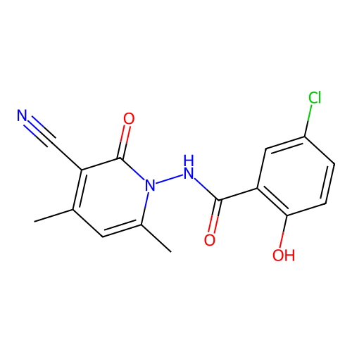 5-chloro-N-(3-cyano-4,6-dimethyl-2-oxo-1-pyridinyl)-2-hydroxybenzamide structure