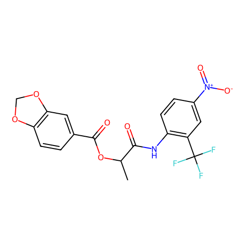 [1-[4-nitro-2-(trifluoromethyl)anilino]-1-oxopropan-2-yl] 1,3-benzodioxole-5-carboxylate structure