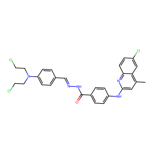 N'-[(E)-{4-[Bis(2-chloroethyl)amino]phenyl}methylidene]-4-[(6-chloro-4-methylquinolin-2-yl)amino]benzohydrazide structure
