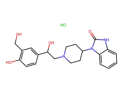 2H-Benzimidazol-2-one, 1,3-dihydro-1-(1-(2-(4-hydroxy-3-(hydroxymethyl)phenyl)-2-hydroxyethyl)-4-piperidinyl)-, hydrochloride structure