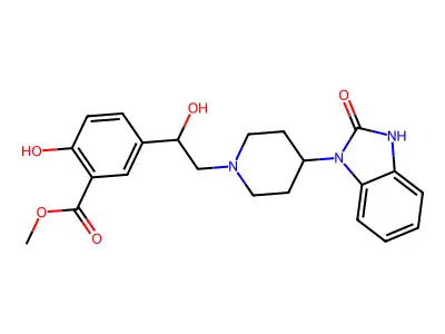Benzoic acid, 2-hydroxy-5-(1-hydroxy-2-(4-(2-oxo-2,3-dihydro-1H-benzimidazol-1-yl)-1-piperidinyl)ethyl)-, methyl ester structure