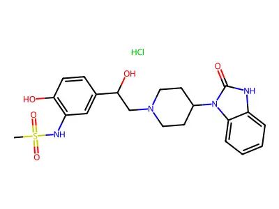 Methanesulfonamide, N-(2-hydroxy-5-(1-hydroxy-2-(4-(2-oxo-2,3-dihydro-1H-benzimidazol-1-yl)-1-piperidinyl)ethyl)phenyl)-, hydrochloride structure