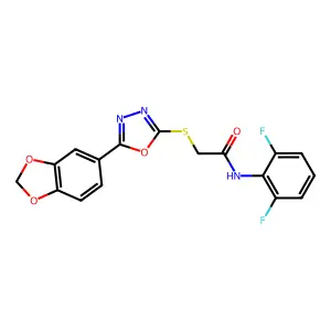 2-[[5-(1,3-benzodioxol-5-yl)-1,3,4-oxadiazol-2-yl]sulfanyl]-N-(2,6-difluorophenyl)acetamide structure