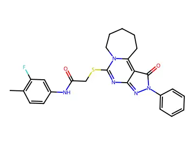 N-(3-fluoro-4-methylphenyl)-2-[(3-oxo-4-phenyl-4,5,7,9-tetrazatricyclo[7.5.0.02,6]tetradeca-1,5,7-trien-8-yl)sulfanyl]acetamide structure