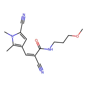 (E)-2-cyano-3-(5-cyano-1,2-dimethylpyrrol-3-yl)-N-(3-methoxypropyl)prop-2-enamide structure