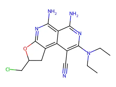 5,6-diamino-2-(chloromethyl)-8-(diethylamino)-1,2-dihydrofuro[2,3-c][2,7]naphthyridine-9-carbonitrile structure