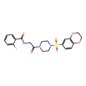 N-[2-[4-(2,3-dihydro-1,4-benzodioxin-6-ylsulfonyl)piperazin-1-yl]-2-oxoethyl]-2-fluorobenzamide structure