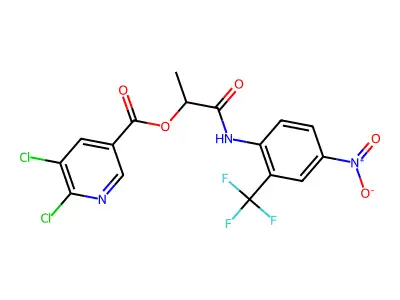 1-[[4-nitro-2-(trifluoromethyl)phenyl]carbamoyl]ethyl 5,6-dichloropyridine-3-carboxylate structure