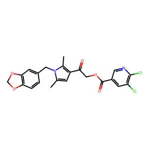 [2-[1-(1,3-benzodioxol-5-ylmethyl)-2,5-dimethylpyrrol-3-yl]-2-oxoethyl] 5,6-dichloropyridine-3-carboxylate structure