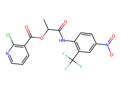 [1-[4-nitro-2-(trifluoromethyl)anilino]-1-oxopropan-2-yl] 2-chloropyridine-3-carboxylate structure