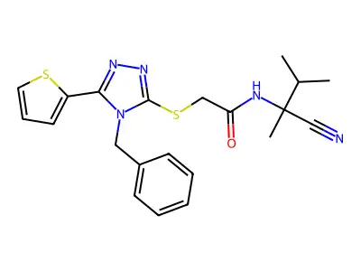 2-[(4-benzyl-5-thiophen-2-yl-1,2,4-triazol-3-yl)sulfanyl]-N-(2-cyano-3-methylbutan-2-yl)acetamide structure