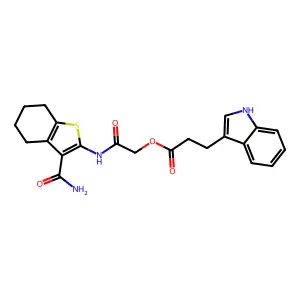 2-[[3-(Aminocarbonyl)-4,5,6,7-tetrahydrobenzo[b]thien-2-yl]amino]-2-oxoethyl 1H-indole-3-propanoate structure