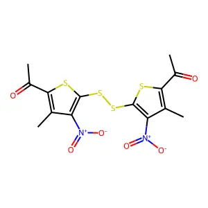 1,1'-[Disulfanediylbis(3-methyl-4-nitrothiene-5,2-diyl)]di(ethan-1-one) structure