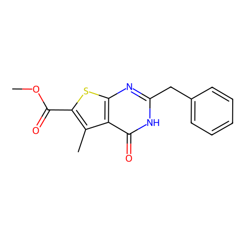 methyl 2-benzyl-5-methyl-4-oxo-3H-thieno[2,3-d]pyrimidine-6-carboxylate structure